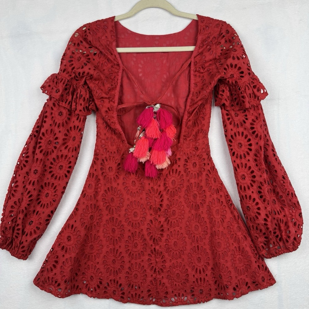 Sundress x revolve Margherita Dress in Red & Multi‎ Pink Floral Lace Bardot XS - Picture 8 of 10